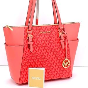 MICHAEL KORS CHARLOTTE LARGE TOP ZIP TOTE CORAL RF SIGNATURE MULTI